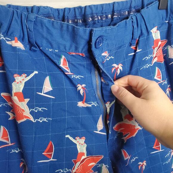 Tipsy Elves Santa Shark Tropical Print Pants Blue Size Large Christmas Holiday - Picture 5 of 16